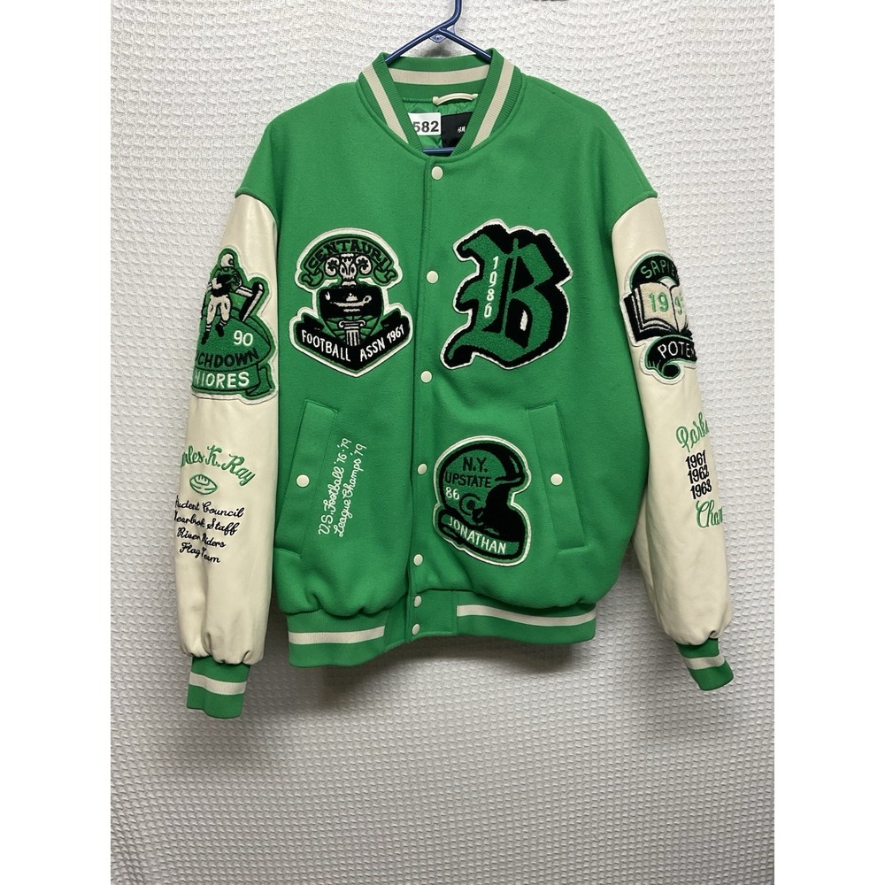 H&M Varsity Jacket Mens Large Green Cream Embroidered Patch Football Activewear